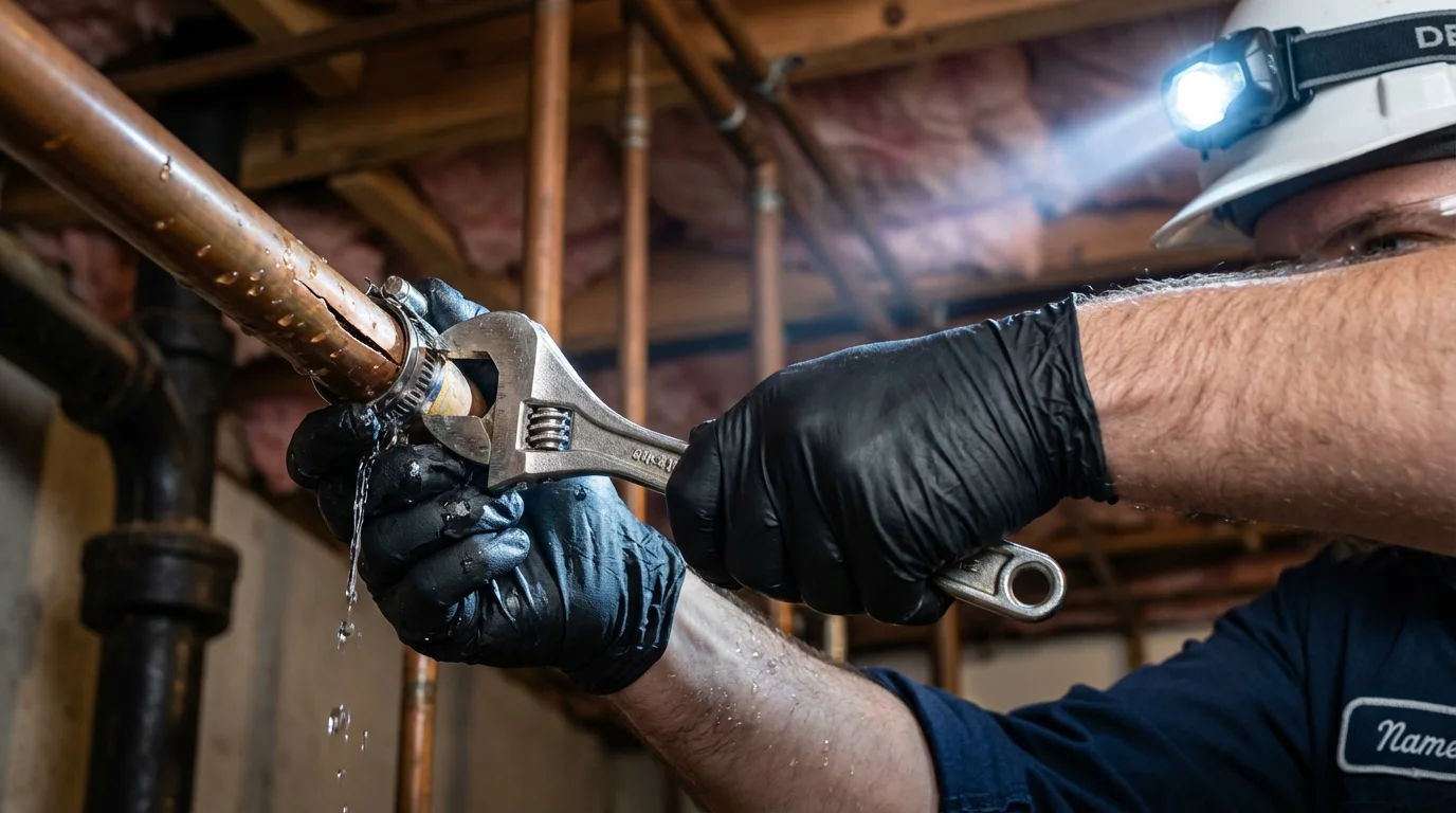 Emergency pipe clamp repair being performed by a Johns Plumbing LLC plumber in Walkertown