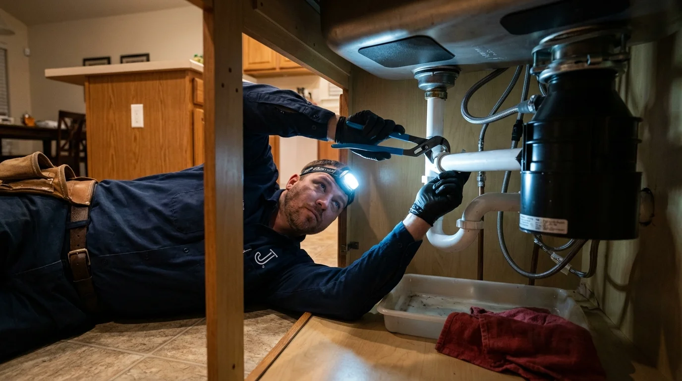 P-trap and supply line connections under a kitchen sink showing a common leak point in Walkertown, NC